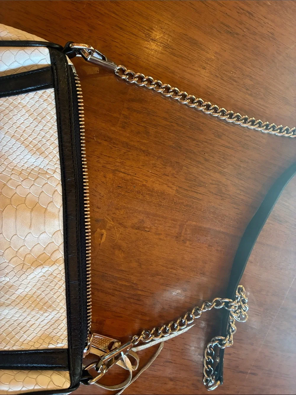 Rebecca Minkoff Cream and Black Faux Snakeskin Satchel with Gold Plaque
